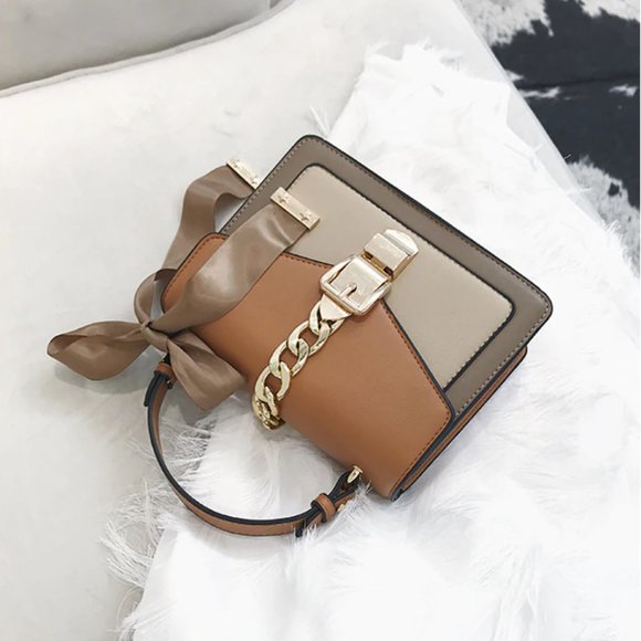 LAST Brown + Gold Ribbon Crossbody Bag Square Faux Leather Mini Purse - Picture 5 of 7